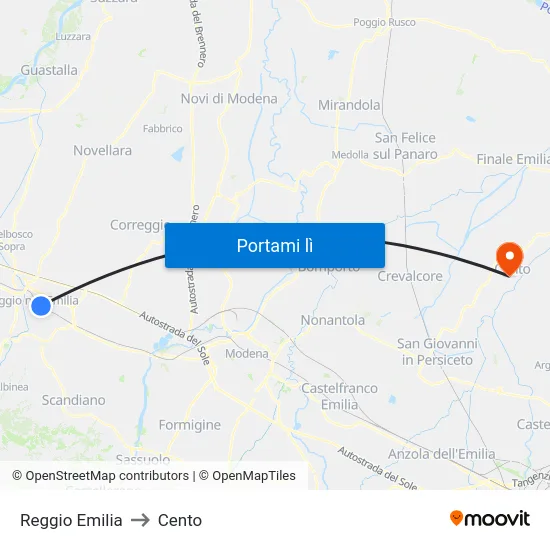 Reggio Emilia to Cento map