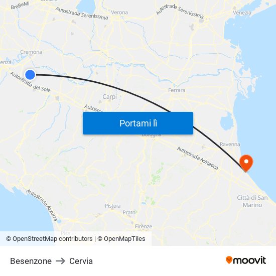 Besenzone to Cervia map