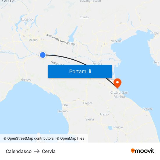 Calendasco to Cervia map