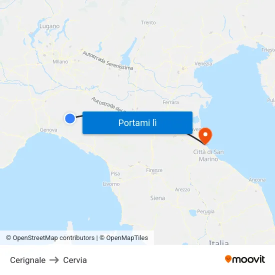 Cerignale to Cervia map