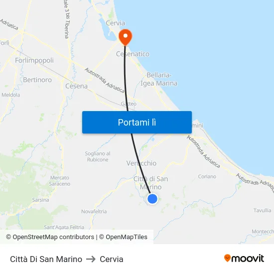 Città Di San Marino to Cervia map