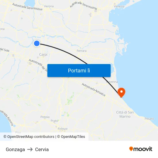Gonzaga to Cervia map