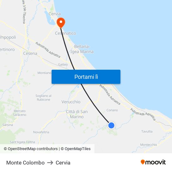 Monte Colombo to Cervia map