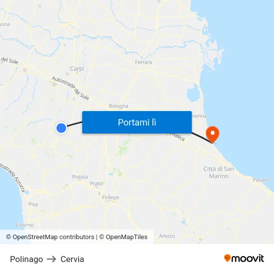 Polinago to Cervia map