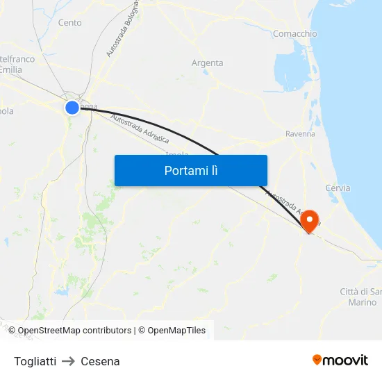 Togliatti to Cesena map