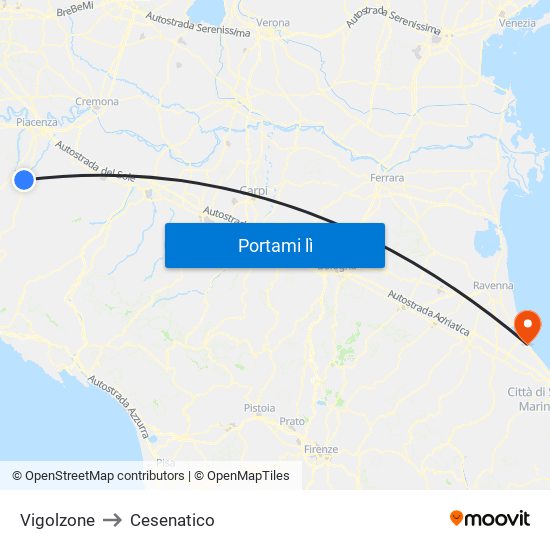Vigolzone to Cesenatico map