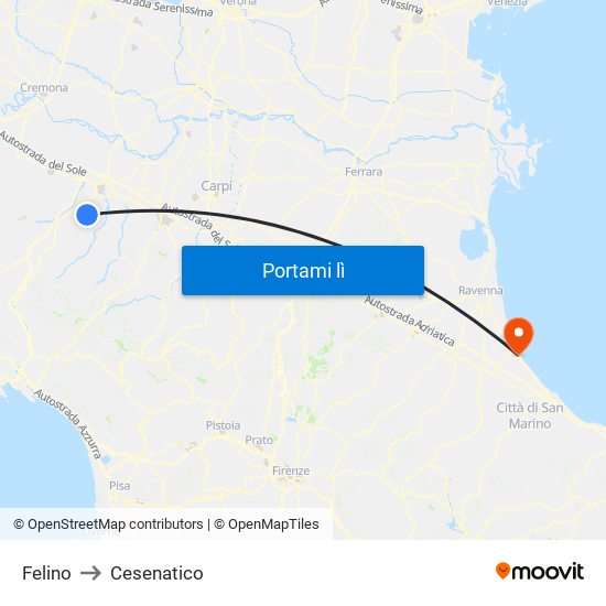 Felino to Cesenatico map