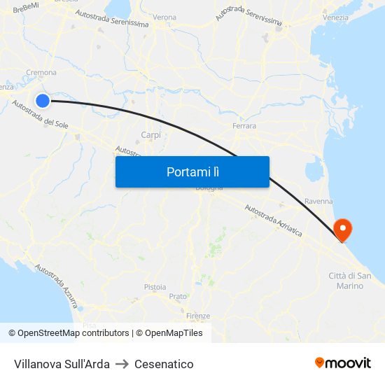 Villanova Sull'Arda to Cesenatico map
