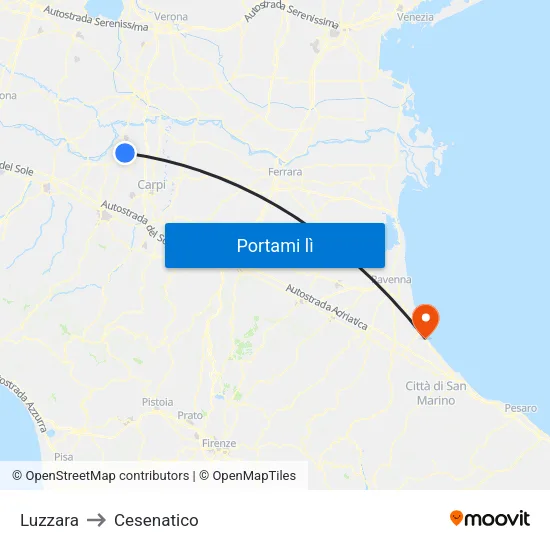 Luzzara to Cesenatico map