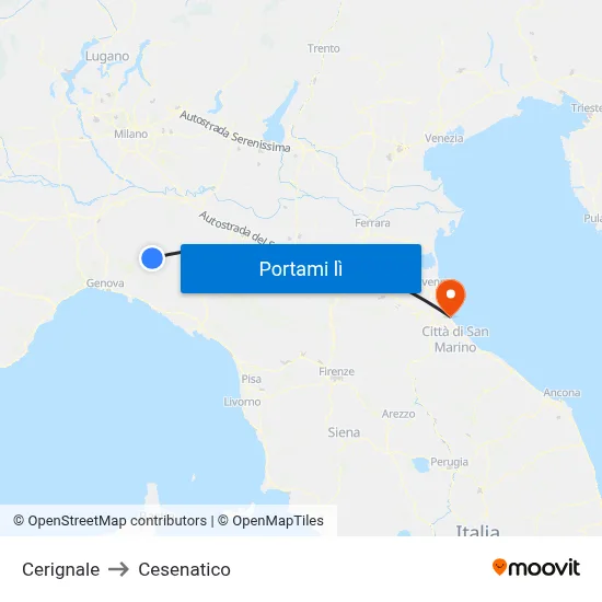 Cerignale to Cesenatico map