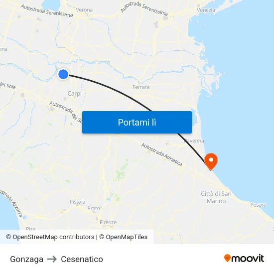 Gonzaga to Cesenatico map