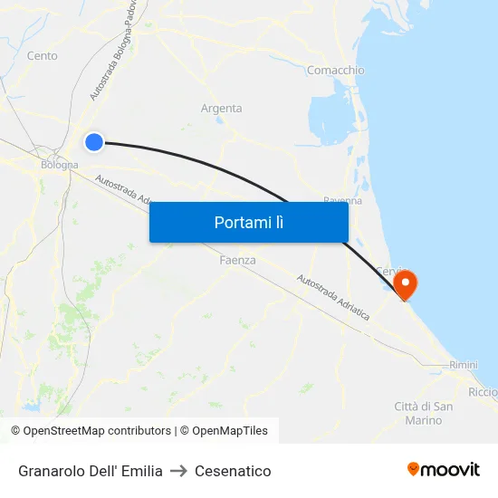 Granarolo Dell' Emilia to Cesenatico map