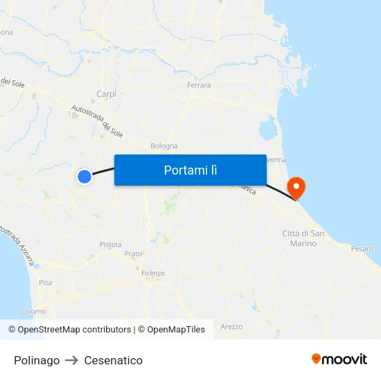 Polinago to Cesenatico map