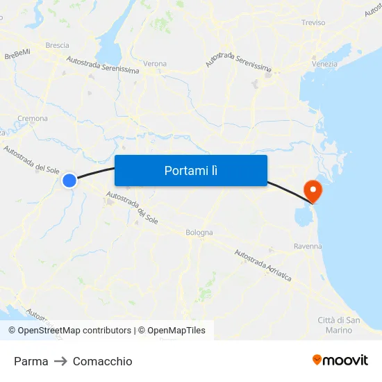 Parma to Comacchio map