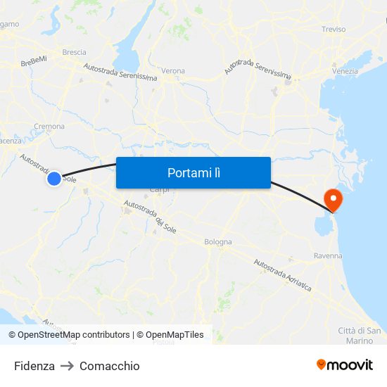 Fidenza to Comacchio map
