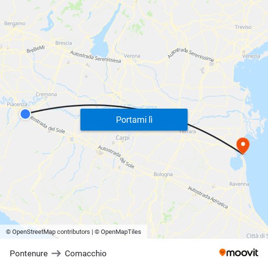 Pontenure to Comacchio map