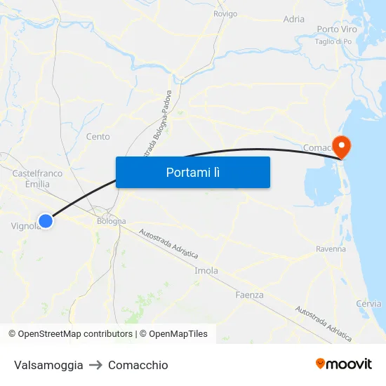 Valsamoggia to Comacchio map