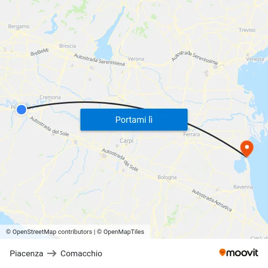 Piacenza to Comacchio map
