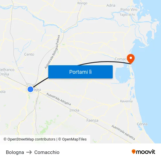 Bologna to Comacchio map