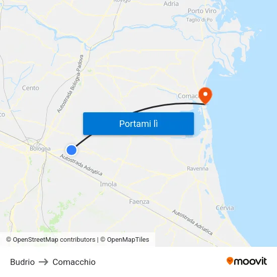 Budrio to Comacchio map
