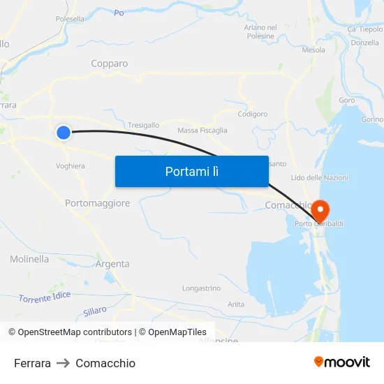 Ferrara to Comacchio map