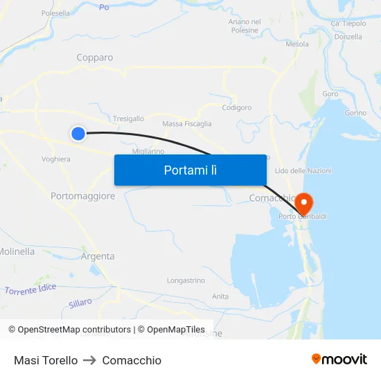 Masi Torello to Comacchio map