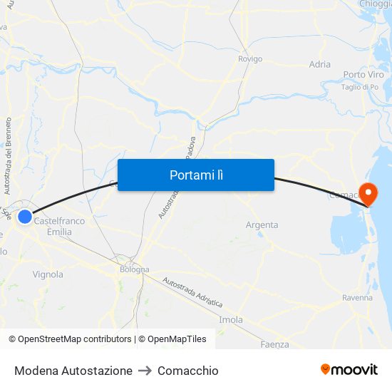 Modena Autostazione to Comacchio map