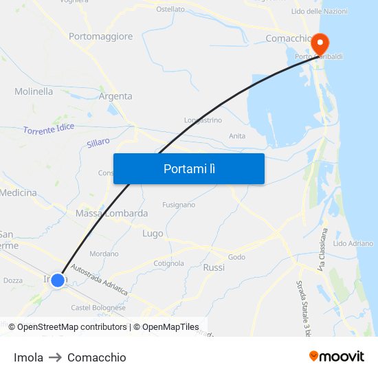 Imola to Comacchio map