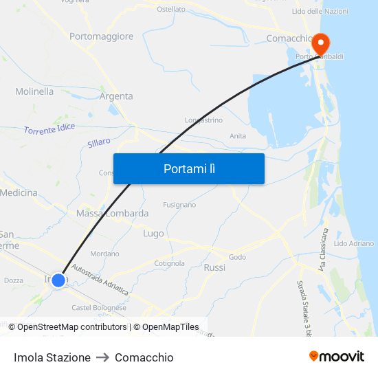 Imola Stazione to Comacchio map