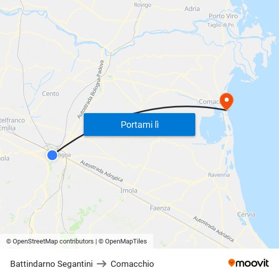 Battindarno Segantini to Comacchio map