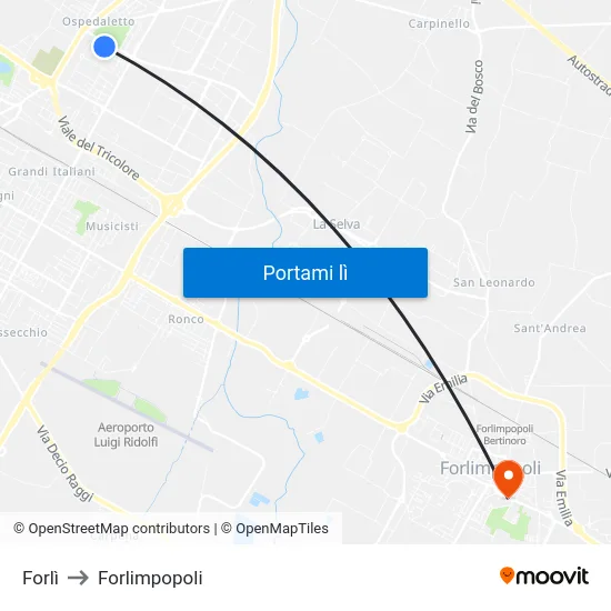 Forlì to Forlimpopoli map