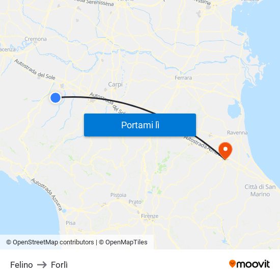 Felino to Forlì map