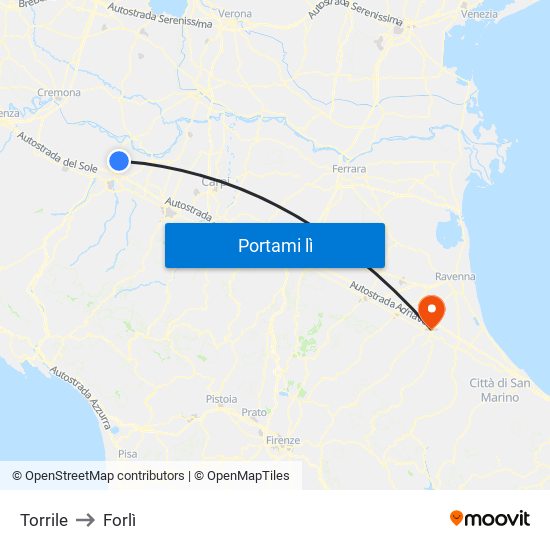 Torrile to Forlì map