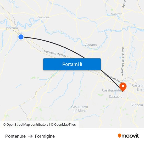 Pontenure to Formigine map