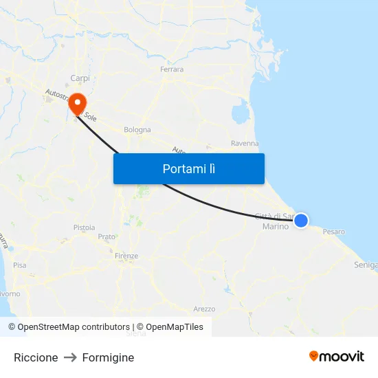 Riccione to Formigine map