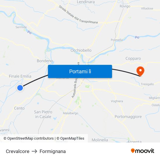 Crevalcore to Formignana map