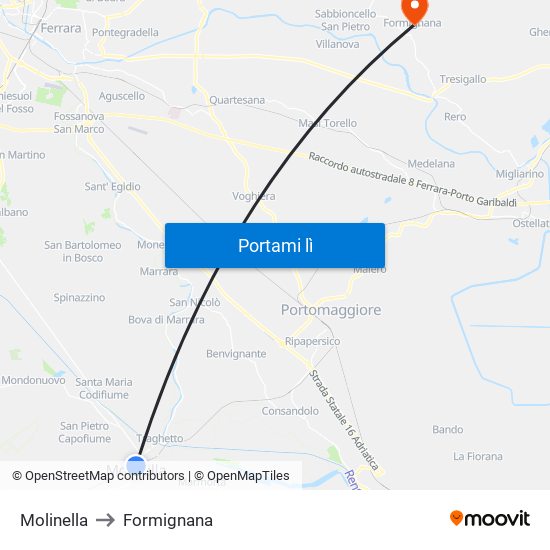 Molinella to Formignana map