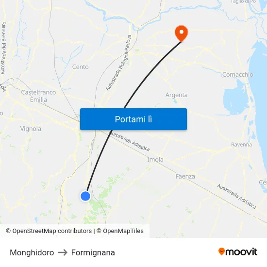 Monghidoro to Formignana map