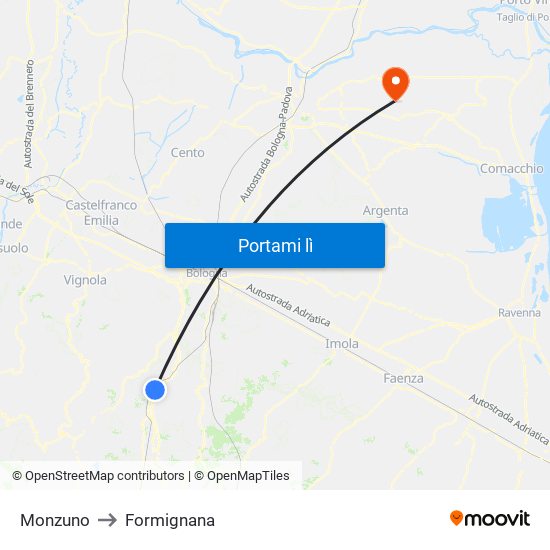 Monzuno to Formignana map