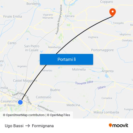 Ugo Bassi to Formignana map