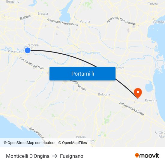 Monticelli D'Ongina to Fusignano map