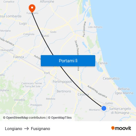 Longiano to Fusignano map