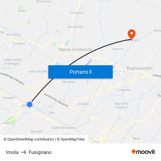 Imola to Fusignano map