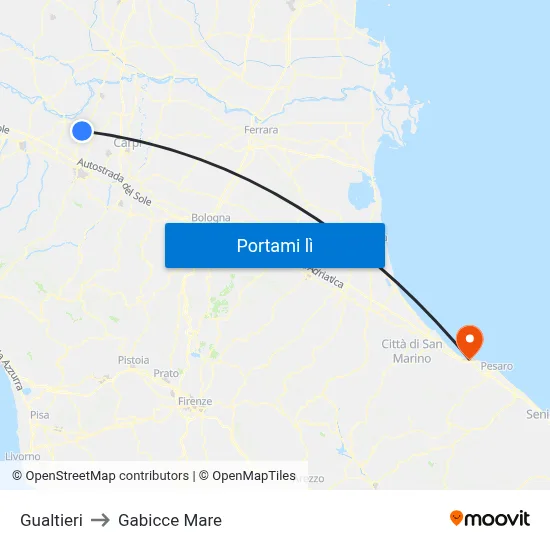 Gualtieri to Gabicce Mare map