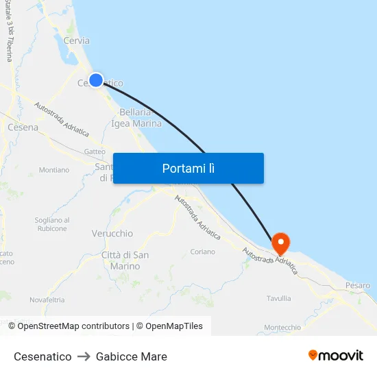 Cesenatico to Gabicce Mare map