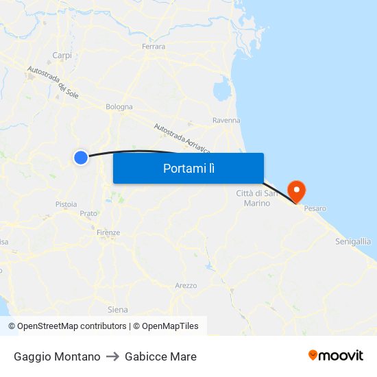 Gaggio Montano to Gabicce Mare map