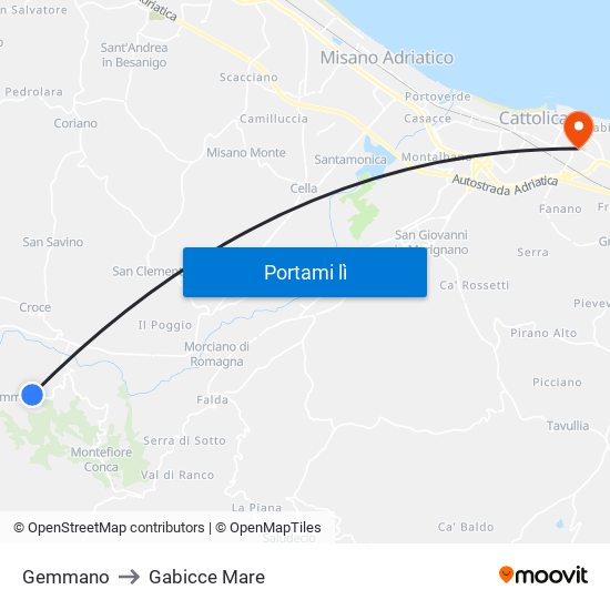 Gemmano to Gabicce Mare map