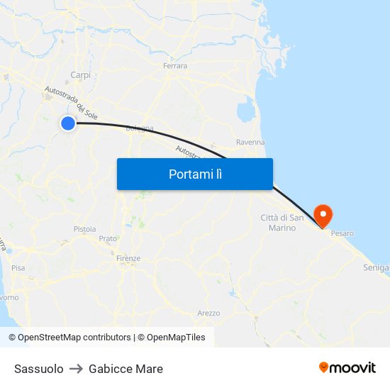 Sassuolo to Gabicce Mare map