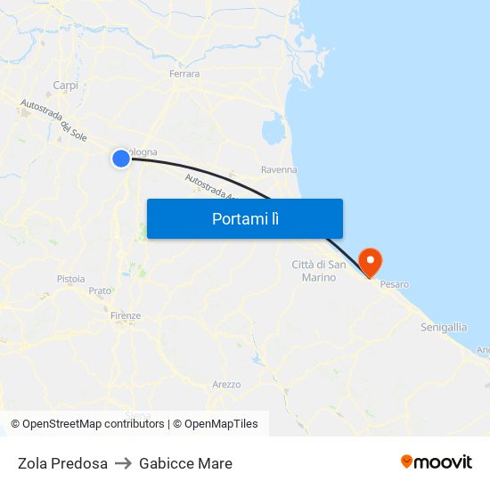 Zola Predosa to Gabicce Mare map