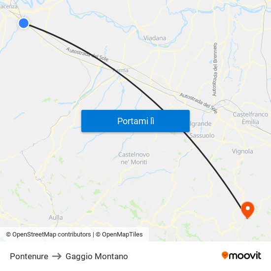 Pontenure to Gaggio Montano map